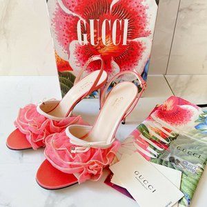 Gucci Ruffled Tulle Marmont Slingback Heel Sandals